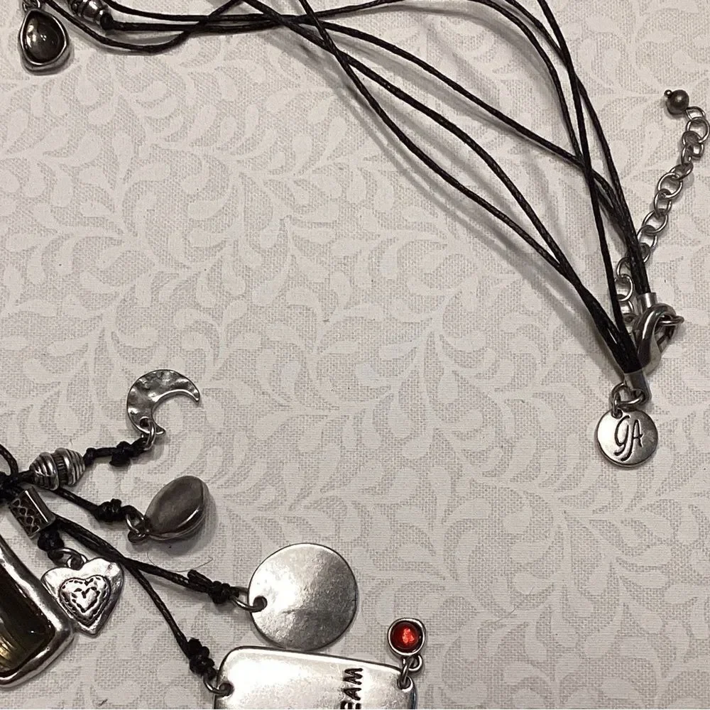 Black Triple Strand Corded Necklace with Multi-Color Charm Accents